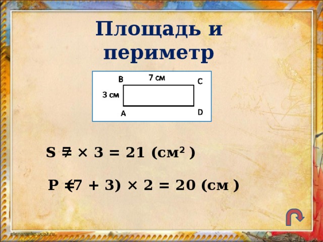 Площадь и периметр S = 7 × 3 = 21 (см 2  ) P = (7 + 3) × 2 = 20 (см  )