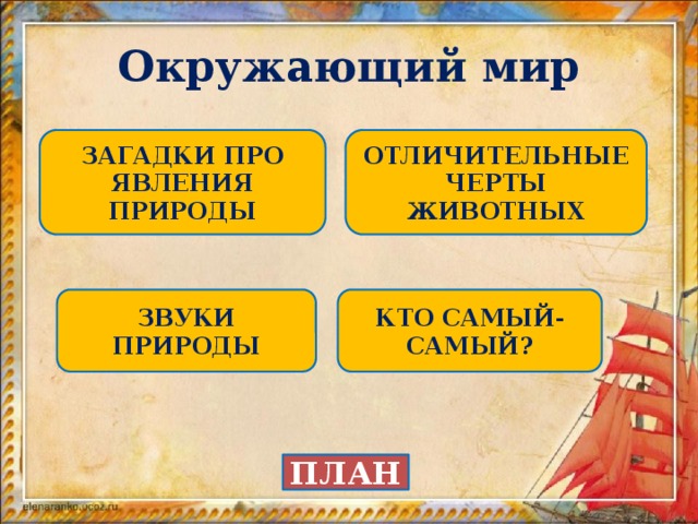 Окружающий мир ОТЛИЧИТЕЛЬНЫЕ ЧЕРТЫ ЖИВОТНЫХ ЗАГАДКИ ПРО ЯВЛЕНИЯ ПРИРОДЫ ЗВУКИ ПРИРОДЫ КТО САМЫЙ-САМЫЙ? ПЛАН