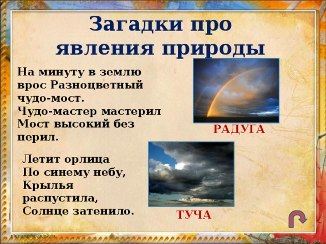 Загадки про явления природы На минуту в землю врос Разноцветный чудо-мост. Чудо-мастер мастерил Мост высокий без перил. РАДУГА Летит орлица По синему небу, Крылья распустила, Солнце затенило. ТУЧА