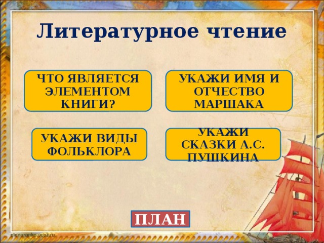Литературное чтение УКАЖИ ИМЯ И ОТЧЕСТВО МАРШАКА ЧТО ЯВЛЯЕТСЯ ЭЛЕМЕНТОМ КНИГИ? УКАЖИ ВИДЫ ФОЛЬКЛОРА УКАЖИ СКАЗКИ А.С. ПУШКИНА ПЛАН