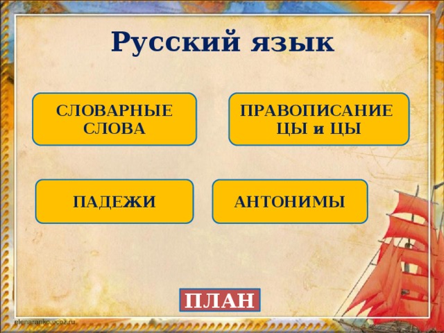 Русский язык ПРАВОПИСАНИЕ СЛОВАРНЫЕ СЛОВА ЦЫ и ЦЫ ПАДЕЖИ АНТОНИМЫ ПЛАН