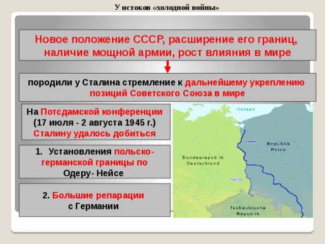  У истоков «холодной войны» Новое положение СССР, расширение его границ, наличие мощной армии, рост влияния в мире породили у Сталина стремление к дальнейшему укреплению позиций Советского Союза в мире На Потсдамской конференции  (17 июля - 2 августа 1945 г.) Сталину удалось добиться  Установления польско- германской границы по Одеру- Нейсе 2. Большие репарации  с Германии 