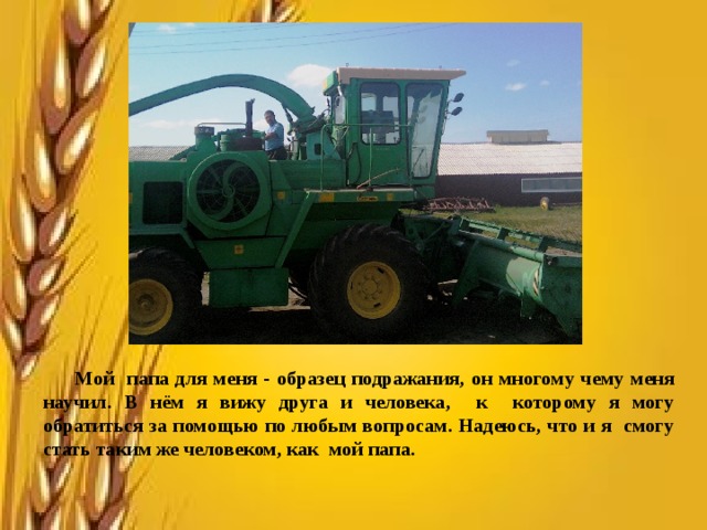        Мой папа для меня - образец подражания, он многому чему меня научил. В нём я вижу друга и человека, к которому я могу обратиться за помощью по любым вопросам. Надеюсь, что и я смогу стать таким же человеком, как мой папа. 