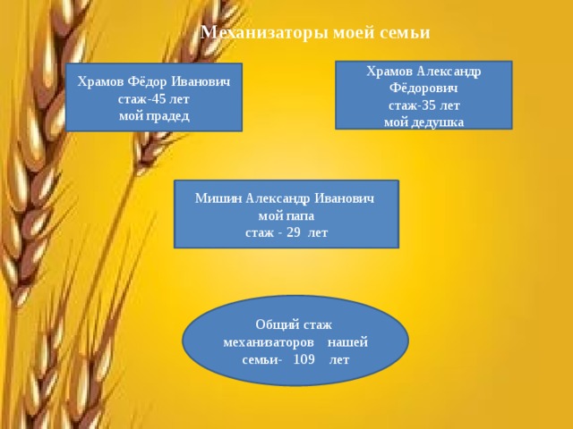 Механизаторы моей семьи Храмов Александр Фёдорович стаж-35 лет мой дедушка Храмов Фёдор Иванович стаж-45 лет мой прадед Мишин Александр Иванович мой папа стаж - 29 лет Общий стаж механизаторов нашей семьи- 109 лет 