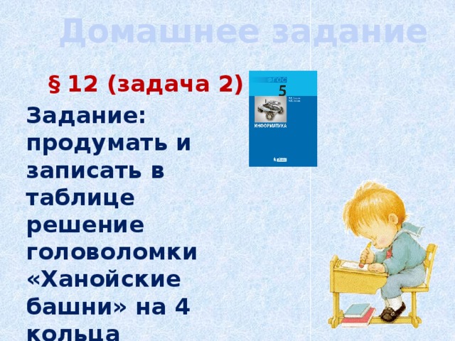 Домашнее задание § 12 (задача 2) Задание: продумать и записать в таблице решение головоломки «Ханойские башни» на 4 кольца за 15 ходов