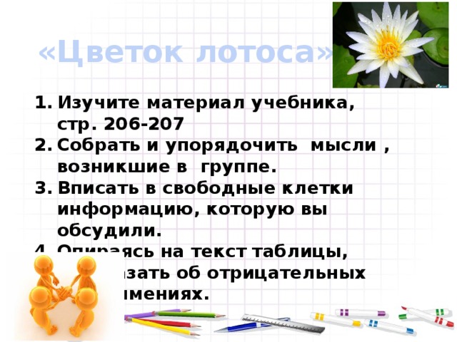 «Цветок лотоса» Изучите материал учебника, стр. 206-207 Собрать и упорядочить мысли , возникшие в группе. Вписать в свободные клетки информацию, которую вы обсудили. Опираясь на текст таблицы, рассказать об отрицательных местоимениях. 