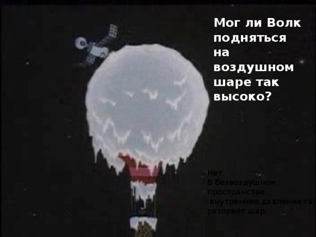 Мог ли Волк подняться на воздушном шаре так высоко? Нет. В безвоздушном пространстве  внутреннее давление газа разорвёт шар. 