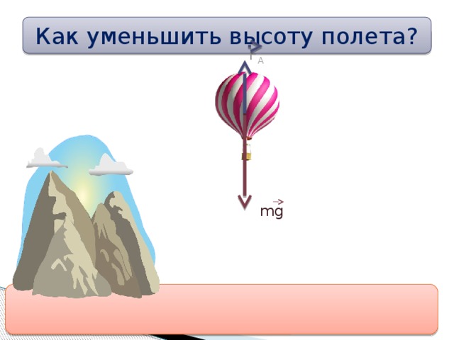 Как уменьшить высоту полета? F A mg 