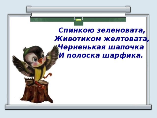 Спинкою зеленовата,  Животиком желтовата,  Черненькая шапочка И полоска шарфика.  