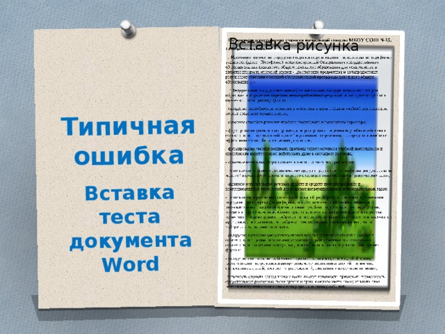 Типичная ошибка Вставка рисунка Вставка теста документа Word 