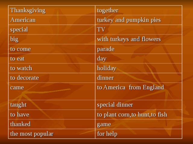 Thanksgiving together American turkey and pumpkin pies special TV big with turkeys and flowers to come parade to eat day to watch holiday to decorate dinner came to America from England taught special dinner to have to plant corn,to hunt,to fish thanked game the most popular for help 