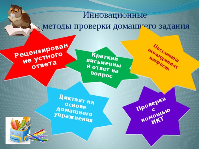 Рецензирование устного ответа Диктант на основе домашнего упражнения Краткий письменный ответ на вопрос Проверка с помощью ИКТ Постановка неожиданных вопросов Инновационные  методы проверки домашнего задания 