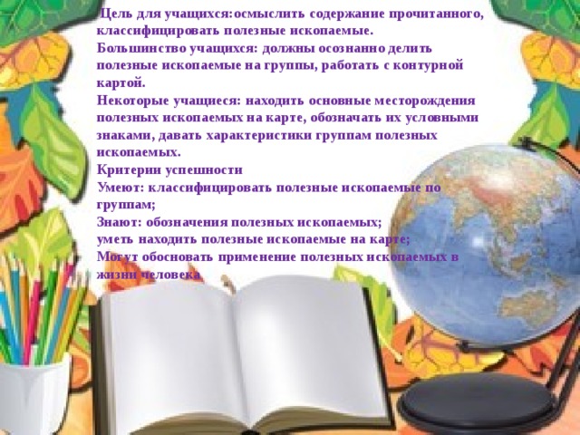  Цель для учащихся:осмыслить содержание прочитанного, классифицировать полезные ископаемые. Большинство учащихся: должны осознанно делить полезные ископаемые на группы, работать с контурной картой. Некоторые учащиеся: находить основные месторождения полезных ископаемых на карте, обозначать их условными знаками, давать характеристики группам полезных ископаемых. Критерии успешности Умеют: классифицировать полезные ископаемые по группам; Знают: обозначения полезных ископаемых; уметь находить полезные ископаемые на карте; Могут обосновать применение полезных ископаемых в жизни человека  