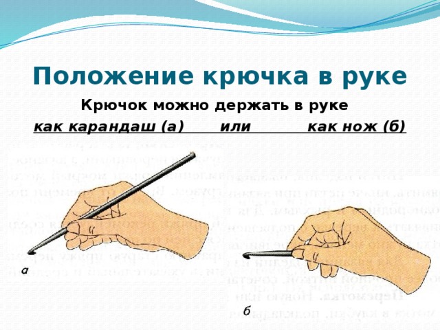 Положение крючка в руке Крючок можно держать в руке как карандаш (а) или как нож (б)