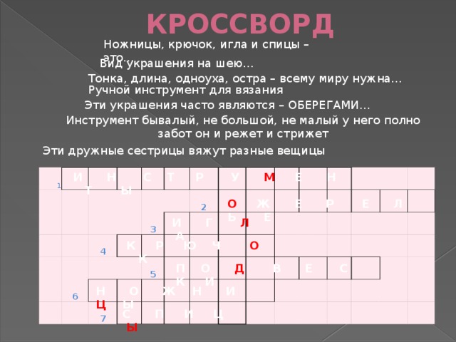 КРОССВОРД Ножницы, крючок, игла и спицы – это… Вид украшения на шею… Тонка, длина, одноуха, остра – всему миру нужна… Ручной инструмент для вязания Эти украшения часто являются – ОБЕРЕГАМИ… Инструмент бывалый, не большой, не малый у него полно забот он и режет и стрижет Эти дружные сестрицы вяжут разные вещицы И Н С Т Р У М Е Н Т Ы 1 4   3 6   2   5 7                                           О Ж Е Р Е Л Ь Е И Г Л А К Р Ю Ч О К П О Д В Е С К И Н О Ж Н И Ц Ы  С П И Ц Ы 