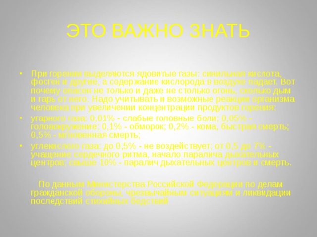 ЭТО ВАЖНО ЗНАТЬ При горении выделяются ядовитые газы: синильная кислота, фосген и другие, а содержание кислорода в воздухе падает. Вот почему опасен не только и даже не столько огонь, сколько дым и гарь от него. Надо учитывать и возможные реакции организма человека при увеличении концентрации продуктов горения: угарного газа: 0,01% - слабые головные боли; 0,05% - головокружение; 0,1% - обморок; 0,2% - кома, быстрая смерть; 0,5% - мгновенная смерть; углекислого газа: до 0,5% - не воздействует; от 0,5 до 7% - учащение сердечного ритма, начало паралича дыхательных центров; свыше 10% - паралич дыхательных центров и смерть.  По данным Министерства Российской Федерации по делам гражданской обороны, чрезвычайным  ситуациям и ликвидации последствий стихийных бедствий 