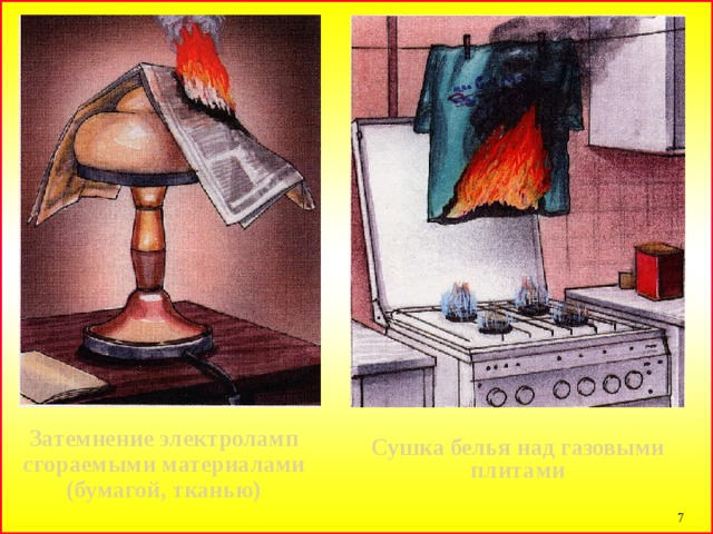 Затемнение электроламп сгораемыми материалами (бумагой, тканью) Сушка белья над газовыми плитами  