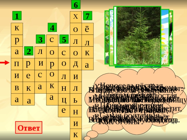 6 х 1 7 к ё о 4 с р л 5 3 л л а о к с о 2 р и о д п р а о с и е л и к Непоседа пёстрая, Птица длиннохвостая, Птица говорливая, Самая болтливая. а в Тронь, только тронь – Отдёрнешь ладонь: Обжигает трава, Как огонь. Хвост пушистый, Мех золотистый, В лесу живёт, В деревне кур крадёт. н л к Ну-ка, кто из вас ответит: Не огонь, а больно жжёт, Не фонарь, а ярко светит, И не пекарь, а печёт? Что же это за девица? Не швея не мастерица, Ничего сама не шьёт, А в иголках круглый год. В этом белом сундучище Мы храним на полках пищу. На дворе стоит жарища, В сундучище – холодища. Летом бежит, А зимой стоит. а а ц ь  а е н и Ответ к 