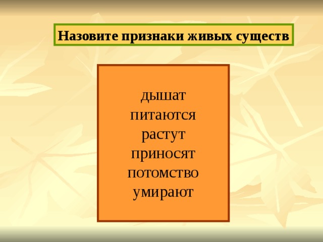 Назовите признаки живых существ дышат питаются растут приносят потомство умирают 