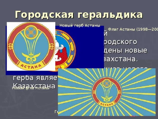 Городская геральдика Новый герб Астаны Флаг Астаны (1998—2008) 5 июня 2008 года на 16-й внеочередной сессии городского маслихата были утверждены новые герб и флаг столицы Казахстана. Автором концепции и эскиза нового герба является Президент Казахстана Нурсултан Назарбаев. Новый флаг Астаны Герб Астаны (1998—2008) 