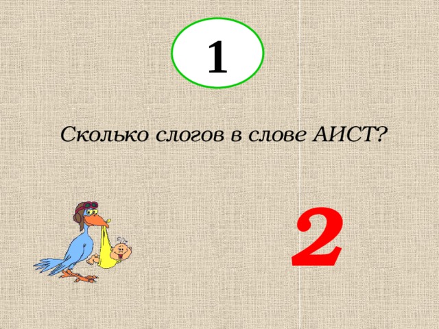 1 Сколько слогов в слове АИСТ? 2 