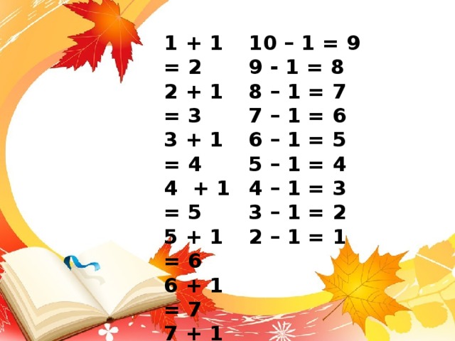 1 + 1 = 2 10 – 1 = 9 2 + 1 = 3 9 - 1 = 8 3 + 1 = 4 8 – 1 = 7 7 – 1 = 6 4 + 1 = 5 5 + 1 = 6 6 – 1 = 5 6 + 1 = 7 5 – 1 = 4 4 – 1 = 3 7 + 1 = 8 3 – 1 = 2 8 + 1 = 9 9 + 1 =10 2 – 1 = 1