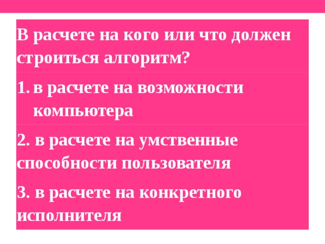 В расчете на кого или что должен строиться алгоритм? в расчете на возможности компьютера 2. в расчете на умственные способности пользователя 3. в расчете на конкретного исполнителя