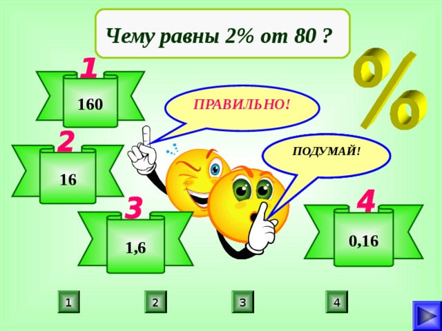 Чему равны 2% от 80 ? 160 ПРАВИЛЬНО! ПОДУМАЙ! ПОДУМАЙ! ПОДУМАЙ! 16 0,16 1,6 4 1 2 3 