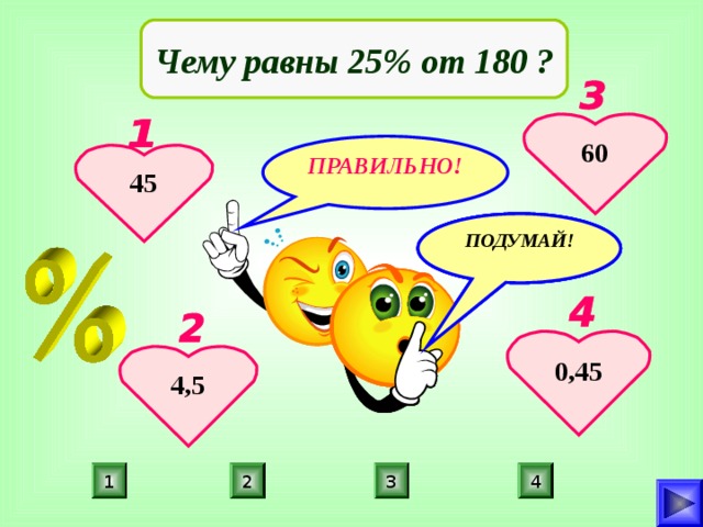 Чему равны 25% от 180 ? 60 ПРАВИЛЬНО! 45 ПОДУМАЙ! ПОДУМАЙ! ПОДУМАЙ! 0,45 4,5 4 3 2 1 