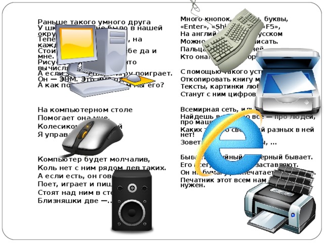 Много кнопок, цифры, буквы, «Enter», «Shift», «F2», «F5», На английском и на русском Можно, дети, с ней писать. Пальцами стучу по ней. Кто она? Скажи скорей!  С помощью такого устройства Откопировать книгу можно. Тексты, картинки любые Станут с ним цифровыми.  Всемирная сеть, иль, еще, паутина, Найдешь в ней про все — про людей, про машины. Каких только сведений разных в ней нет! Зовется она, знаешь ты, ...  Бывает струйный, лазерный бывает. Его всегда печатать заставляют. Он на бумагу распечатает что нужно. Печатник этот всем нам очень нужен.  Раньше такого умного друга У школьников не было в нашей округе. Теперь в каждом доме, на каждом столе, Стоит он, помощник тебе да и мне. Рисует, считает, хоть что вычисляет, А если захочешь, в игру поиграет. Он — ЭВМ. Это имя одно. А как по-другому зовем мы его?   На компьютерном столе Помогает она мне. Колесиком и кнопкой Я управляю ловко.   Компьютер будет молчалив, Коль нет с ним рядом дев таких. А если есть, он говорит, Поет, играет и пищит. Стоят над ним в сторонке Близняшки две —...