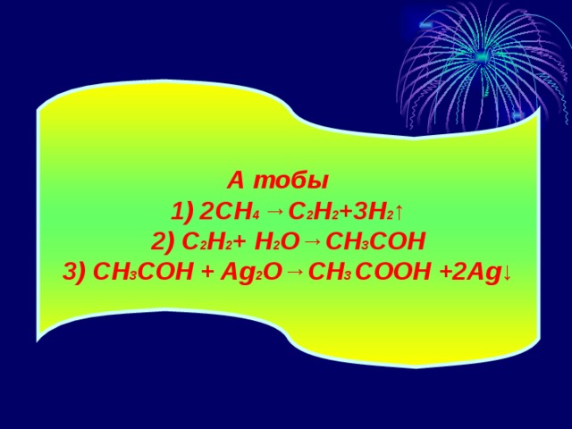 А тобы 1) 2 CH 4 →C 2 H 2 +3H 2 ↑ 2 ) C 2 H 2 + H 2 O→CH 3 C ОН 3 ) CH 3 C ОН + Ag 2 O→CH 3 C ООН +2Ag↓ 