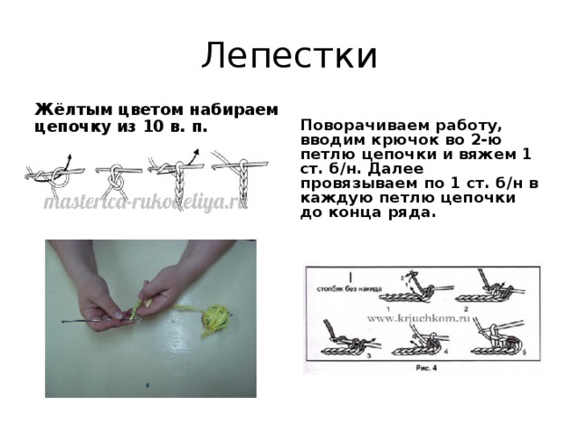 Лепестки Жёлтым цветом набираем цепочку из 10 в. п. Поворачиваем работу, вводим крючок во 2-ю петлю цепочки и вяжем 1 ст. б/н. Далее провязываем по 1 ст. б/н в каждую петлю цепочки до конца ряда.  