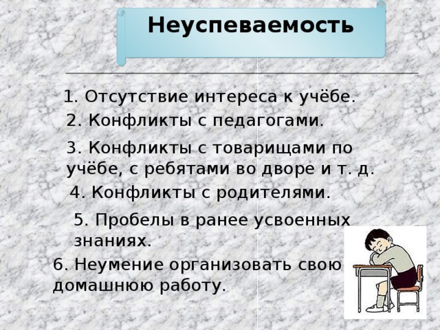 Неуспеваемость 1. Отсутствие интереса к учёбе. 2. Конфликты с педагогами. 3. Конфликты с товарищами по учёбе, с ребятами во дворе и т. д. 4. Конфликты с родителями. 5. Пробелы в ранее усвоенных знаниях. 6. Неумение организовать свою домашнюю работу. 