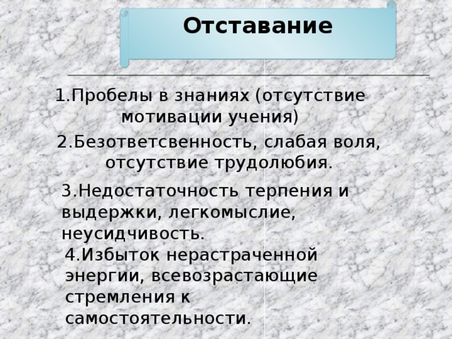 Отставание 1.Пробелы в знаниях (отсутствие мотивации учения) 2.Безответсвенность, слабая воля, отсутствие трудолюбия. 3.Недостаточность терпения и выдержки, легкомыслие, неусидчивость. 4.Избыток нерастраченной энергии, всевозрастающие стремления к самостоятельности. 