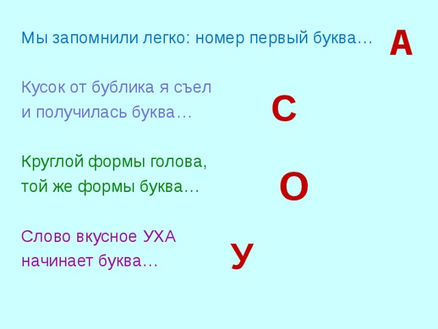 А Мы запомнили легко: номер первый буква… Кусок от бублика я съел и получилась буква… Круглой формы голова, той же формы буква… Слово вкусное УХА начинает буква… С О У