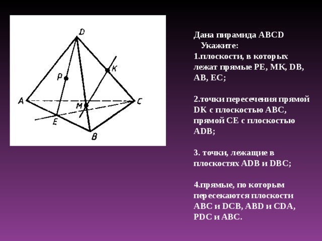 Пользуясь данным рисунком укажите четыре точки. Прямые скрещивающиеся с прямой в пирамиде. Дана пирамида. Дана пирамида ABCD. Плоскости в которых лежат прямые.