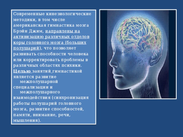 Современные кинезиологические методики, в том числе американская гимнастика мозга Брэйн Джим, направлены на активизацию различных отделов коры головного мозга (больших полушарий ), что позволяет развивать способности человека или корректировать проблемы в различных областях психики. Целью занятий  гимнастикой является развитие межполушарной специализации и межполушарного взаимодействия (синхронизация работы полушарий головного мозга, развитие способностей, памяти, внимание, речи, мышления). 