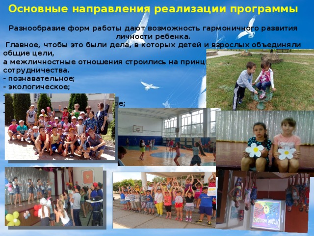 Основные направления реализации программы   Разнообразие форм работы дают возможность гармоничного развития личности ребенка.  Главное, чтобы это были дела, в которых детей и взрослых объединяли общие цели, а межличностные отношения строились на принципах творчества и сотрудничества.  - познавательное;  - экологическое;  - трудовая деятельность;  - спортивно-оздоровительное; -духовно-нравственное. 