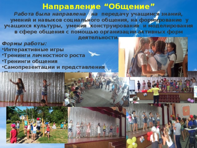 Направление “Общение” Работа была направлена на передачу учащимся знаний,  умений и навыков социального общения, на формирование у учащихся культуры, умения конструирования и моделирования в сфере общения с помощью организации активных форм деятельности. Формы работы:  Интерактивные игры Тренинги личностного роста Тренинги общения Самопрезентации и представления Праздники, конкурсы, дебаты 