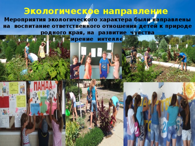 Экологическое направление  Мероприятия экологического характера были направлены на воспитание ответственного отношения детей к природе родного края, на развитие чувства  прекрасного, расширение интеллектуального уровня, познание законов природы. 