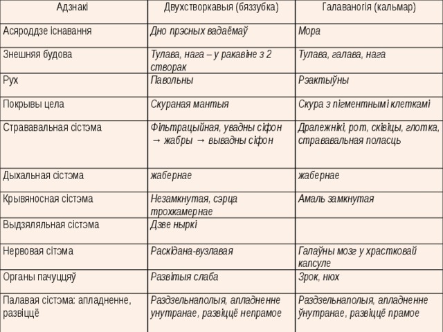 Адзнакі Двухстворкавыя (бяззубка) Асяроддзе існавання Галаваногія (кальмар) Дно прэсных вадаёмаў Знешняя будова Рух Мора Тулава, нага – у ракавіне з 2 створак Тулава, галава, нага Павольны Покрывы цела Рэактыўны Скураная мантыя Стрававальная сістэма Скура з пігментнымі клеткамі Фільтрацыйная, увадны сіфон → жабры → вывадны сіфон Дыхальная сістэма Крывяносная сістэма Драпежнікі, рот, сківіцы, глотка, стрававальная поласць жабернае Выдзяляльная сістэма жабернае Незамкнутая, сэрца трохкамернае Нервовая сітэма Амаль замкнутая Дзве ныркі Органы пачуццяў Раскідана-вузлавая Палавая сістэма: апладненне, развіццё Галаўны мозг у храстковай капсуле Развітыя слаба Зрок, нюх Раздзельнаполыя, апладненне унутранае, развіццё непрамое Раздзельнаполыя, апладненне ўнутранае, развіццё прамое 