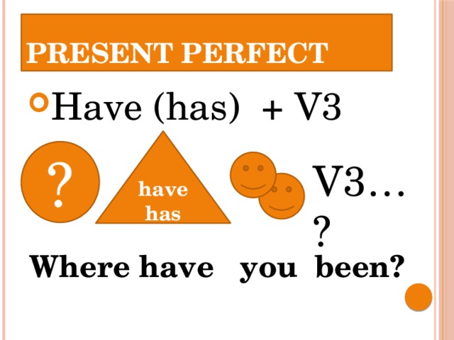PRESENT PERFECT Have (has) + V3 have has ? V3… ? Where have you been? 