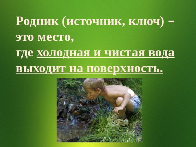 Родник (источник, ключ) – это место, где холодная и чистая вода выходит на поверхность.