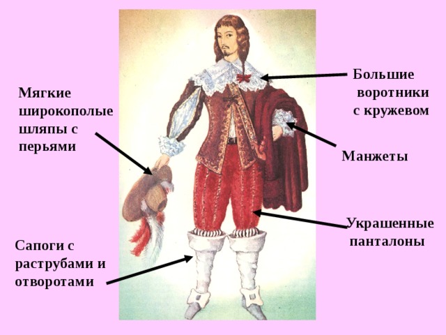 Большие  воротники с кружевом Мягкие широкополые шляпы с перьями Манжеты Украшенные  панталоны Сапоги с раструбами и отворотами