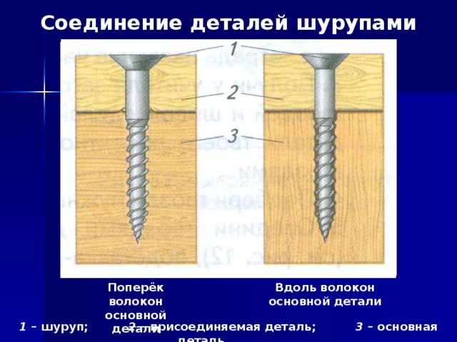 Соединение деталей шурупами Поперёк волокон основной детали Вдоль волокон основной детали 1 – шуруп; 2 – присоединяемая деталь; 3 – основная деталь.  