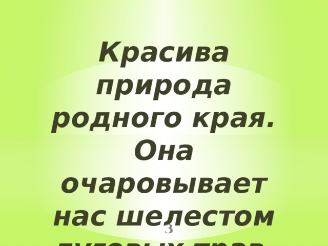 Красива природа родного края. Она очаровывает нас шелестом луговых трав, звонкой песней ручья, ароматом черемух…  