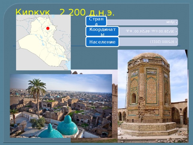 Ирак Ирак 35°28´00 с.ш. 44°24´00´ в.д. 35°28´00 с.ш. 44°24´00´ в.д. 975000 (2011) 975000 (2011)   Киркук, 2 200 д.н.э.   Страна Координаты Население 