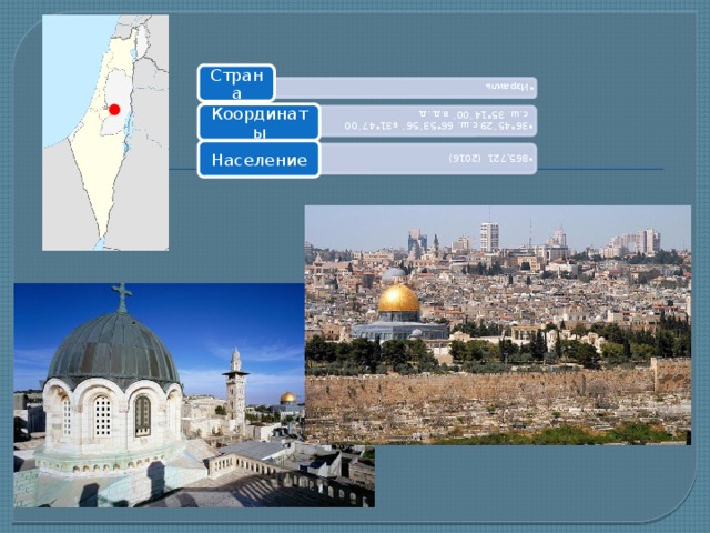 Израиль Израиль 36°45´29 с.ш. 66°53´56´ в31°47´00 с.ш. 35°14´00´ в.д..д. 36°45´29 с.ш. 66°53´56´ в31°47´00 с.ш. 35°14´00´ в.д..д. 865,721 (2016) 865,721 (2016)      .  Иерусалим, 2800 г д.н.э Страна Координаты Население 