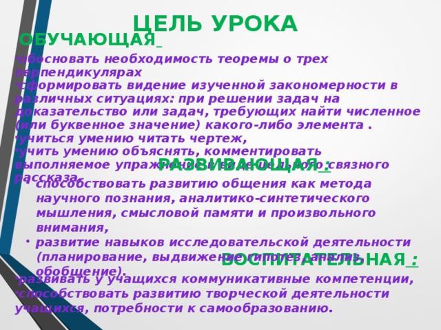 ЦЕЛЬ УРОКА ОБУЧАЮЩАЯ  обосновать необходимость теоремы о трех перпендикулярах сформировать видение изученной закономерности в различных ситуациях: при решении задач на доказательство или задач, требующих найти численное (или буквенное значение) какого-либо элемента .  учиться умению читать чертеж, учить умению объяснять, комментировать выполняемое упражнение в виде цельного связного рассказа. РАЗВИВАЮЩАЯ : способствовать развитию общения как метода научного познания, аналитико-синтетического мышления, смысловой памяти и произвольного внимания, развитие навыков исследовательской деятельности (планирование, выдвижение гипотез, анализ, обобщение).  способствовать развитию общения как метода научного познания, аналитико-синтетического мышления, смысловой памяти и произвольного внимания, развитие навыков исследовательской деятельности (планирование, выдвижение гипотез, анализ, обобщение).  ВОСПИТАТЕЛЬНАЯ : развивать у учащихся коммуникативные компетенции, способствовать развитию творческой деятельности учащихся, потребности к самообразованию. 