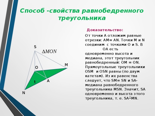 Способ -свойства равнобедренного треугольника  Доказательство:  От точки А отложим равные отрезки: АМ= АN. Точки М и N соединим с точками O и S. В ОА есть одновременно высота и медиана, этот треугольник равнобедренный: ОМ = ОN. Прямоугольные треугольники OSM и OSN равны (по двум катетам). Из их равенства следует, что SM= SN и SA- медиана равнобедренного треугольника MSN. Значит, SA одновременно и высота этого треугольника, т. е. SA┴MN. S M O A t N 